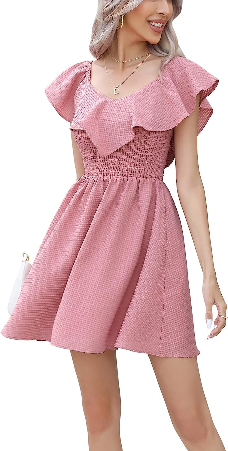 251030114923845_1 EXLURA Women's Summer Ruffle Casual Dress V Neck Lace A Line Backless Mini Dresses Flowy Wedding Guest Party Sundresses - Image 1